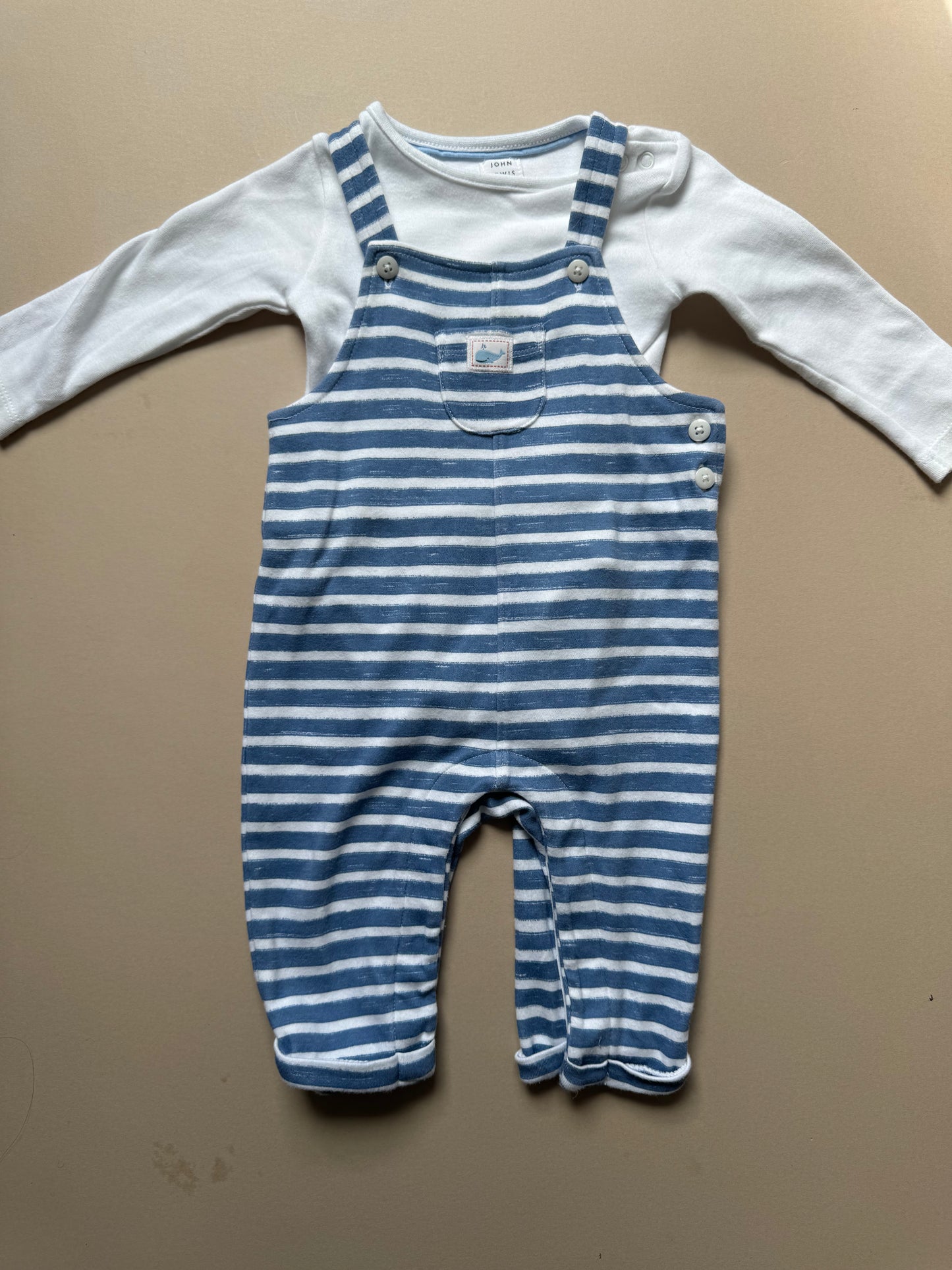 John Lewis Whale Blue & White Dungaree Set in 3-6 Months