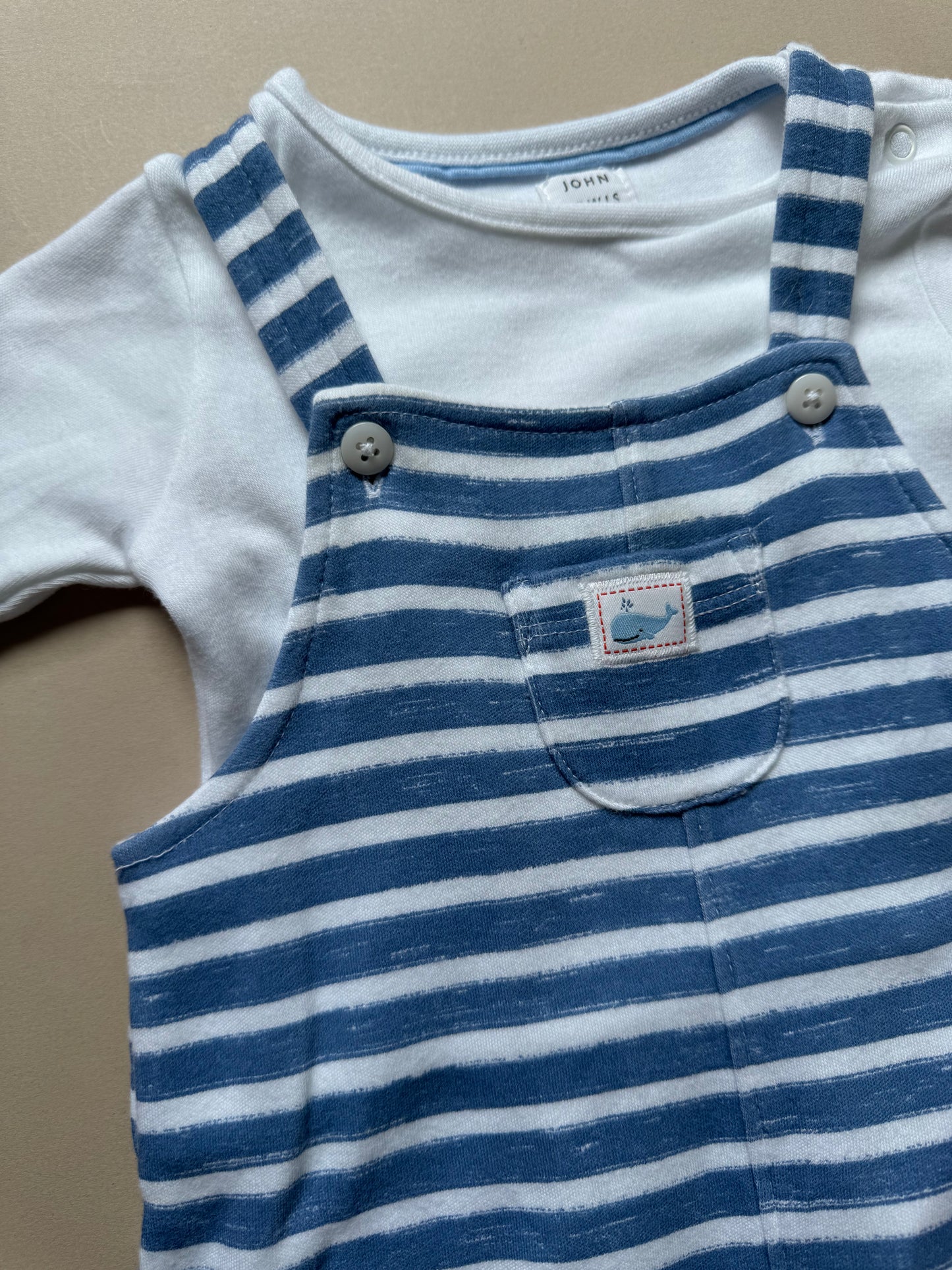 John Lewis Whale Blue & White Dungaree Set in 3-6 Months