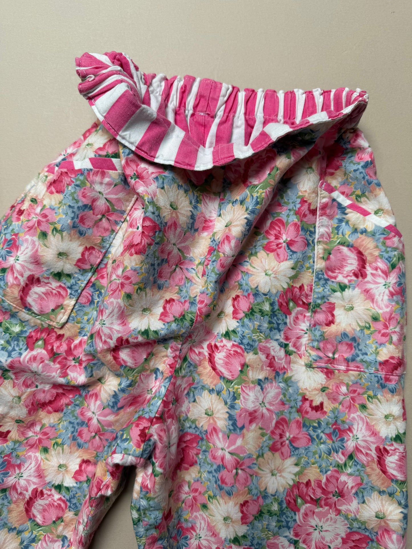 Reversible Vintage Floral & Pink Striped Cotton Trousers