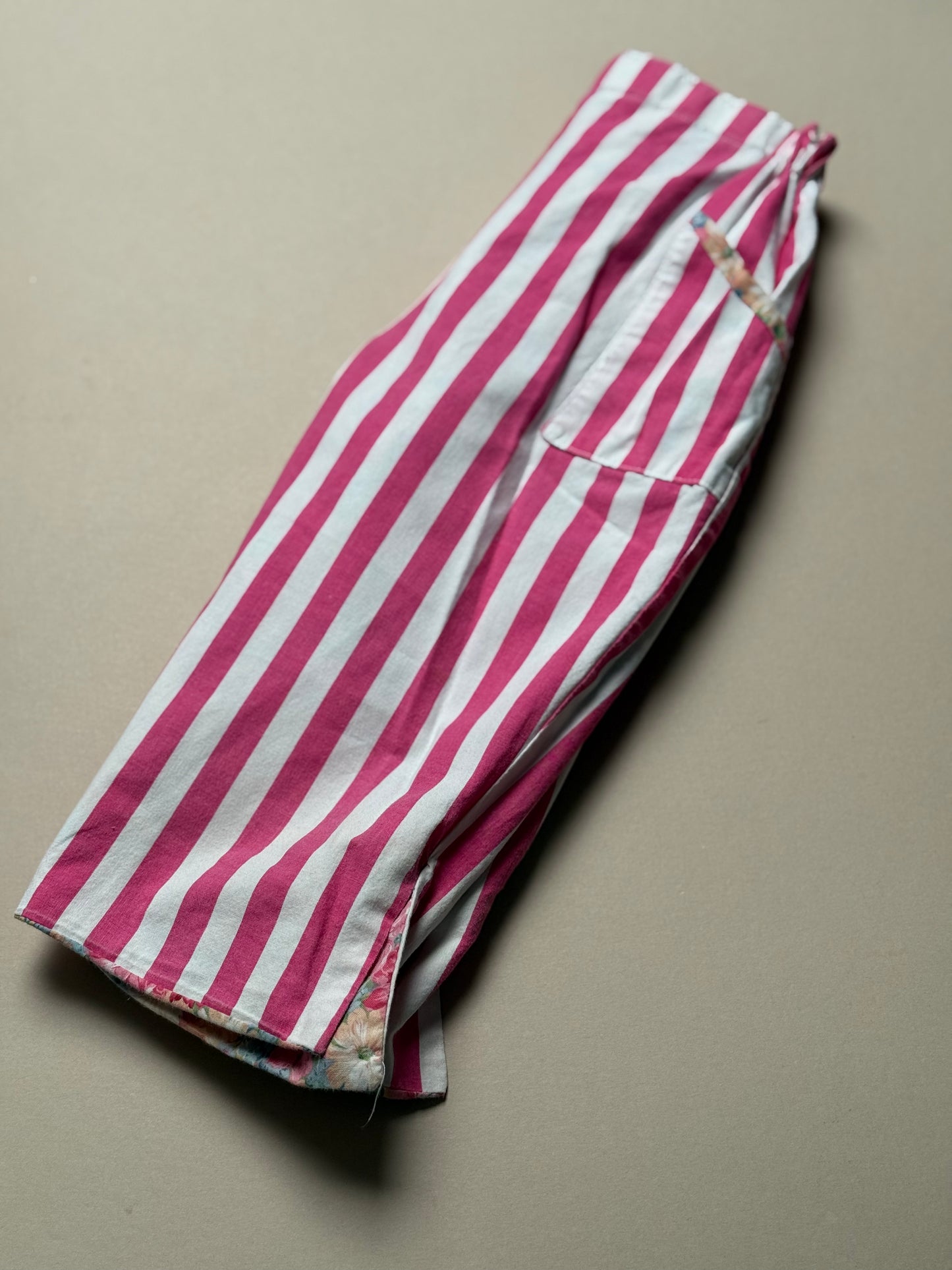 Reversible Vintage Floral & Pink Striped Cotton Trousers