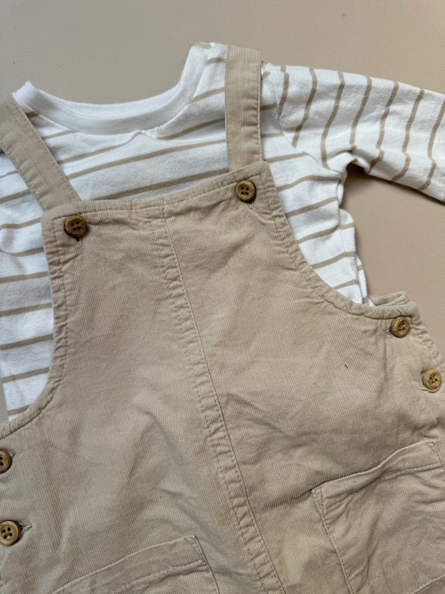 Matalan Neutral Dungaree & Long Sleeved T-Shirt Set in 3-6 Months