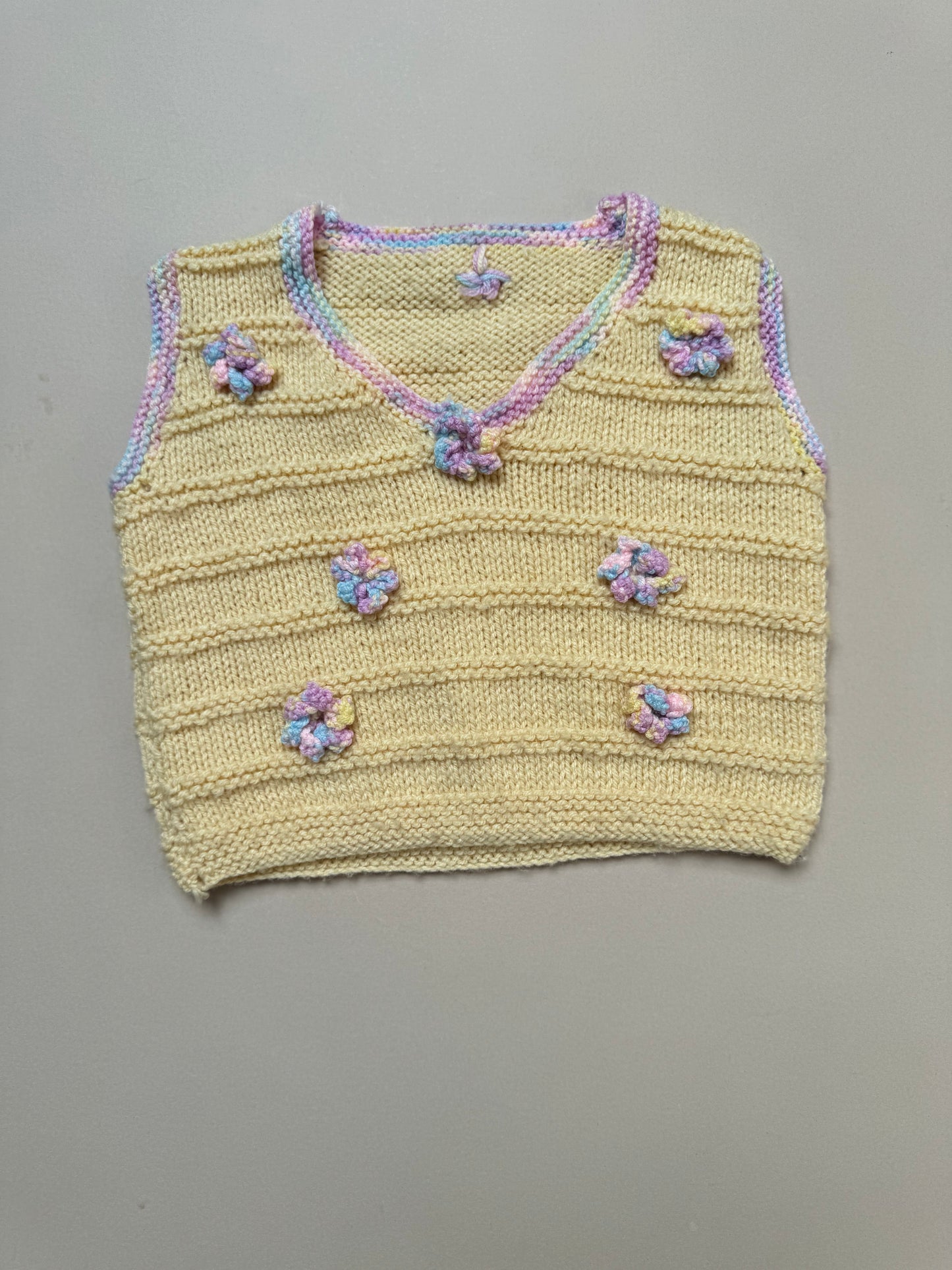 Handknitted Lemon Yellow Vest With Flowers Best Fit 9-12 Months
