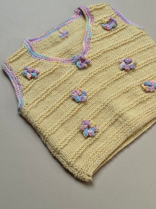 Handknitted Lemon Yellow Vest With Flowers Best Fit 9-12 Months