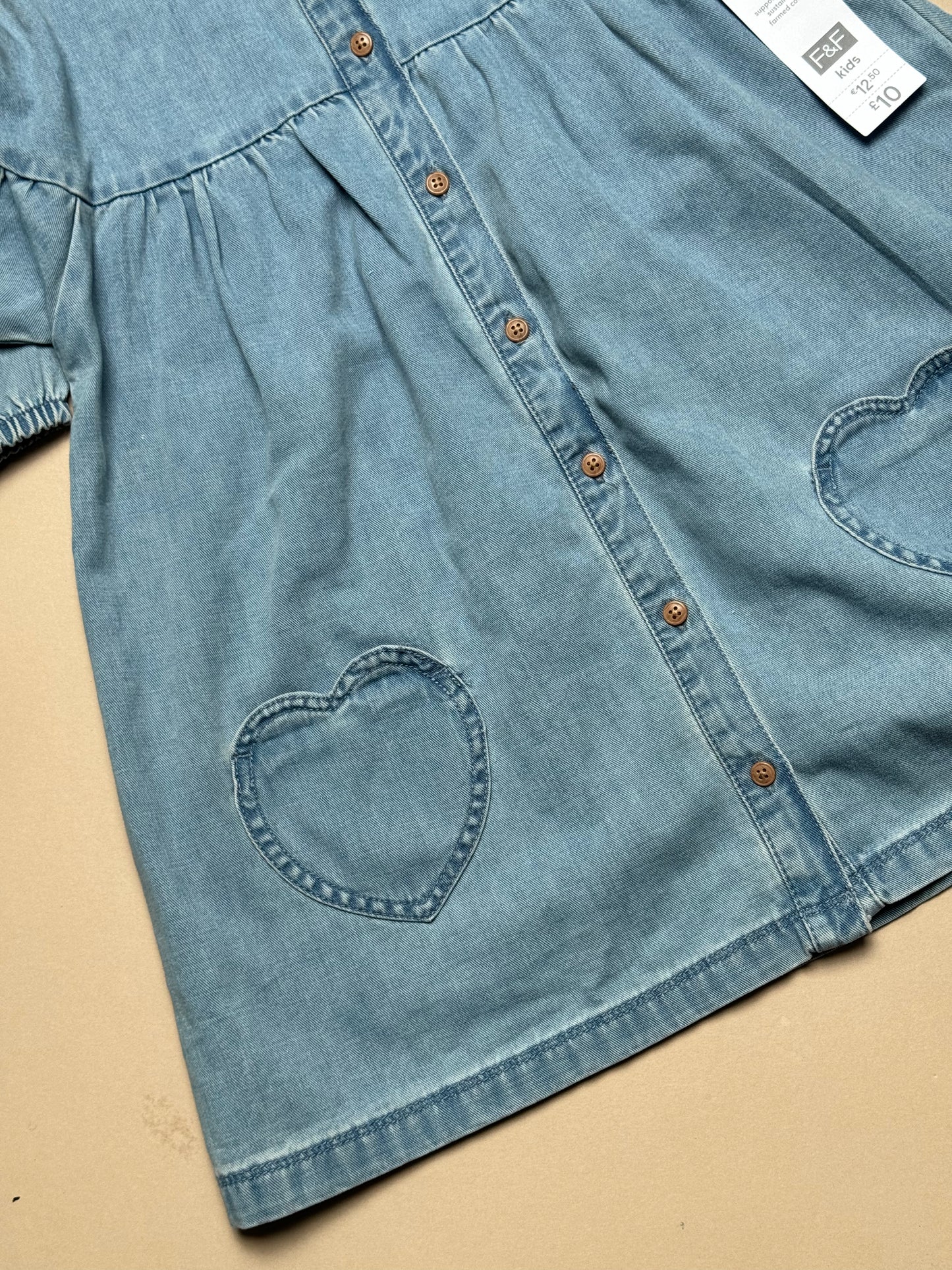 F&F Denim Long Sleeved Dress With Heart Pockets in 6-7 Years
