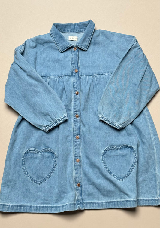 F&F Denim Long Sleeved Dress With Heart Pockets in 6-7 Years