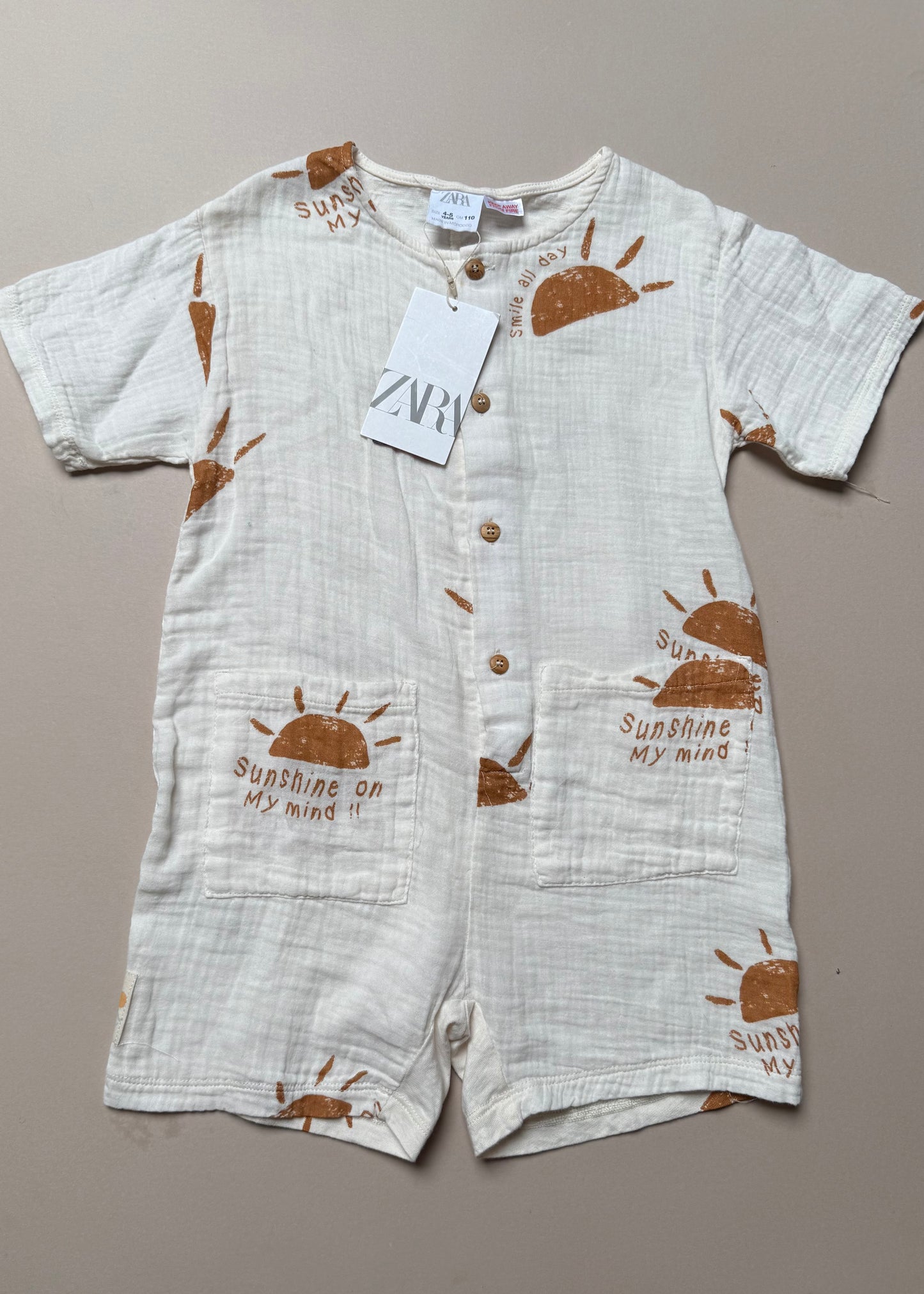Zara "Shine All Day" Lightweight Cotton Romper in 4-5 Years